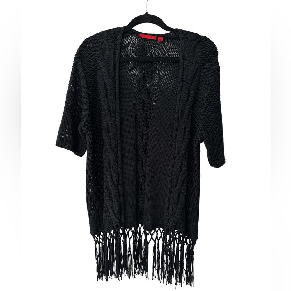 R.E.D Black Open Front Crochet Draped Cardigan With String Detail Sz L Kimono